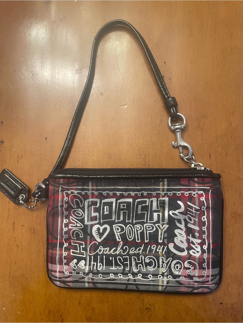 Coach Red, Black & White Poppy Plaid Wristlet